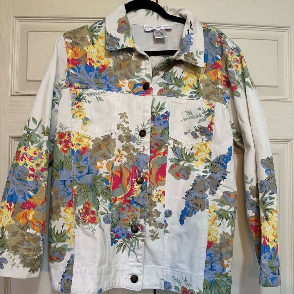 Susan Graver White Jean Jacket with Colorful Abstract Pattern